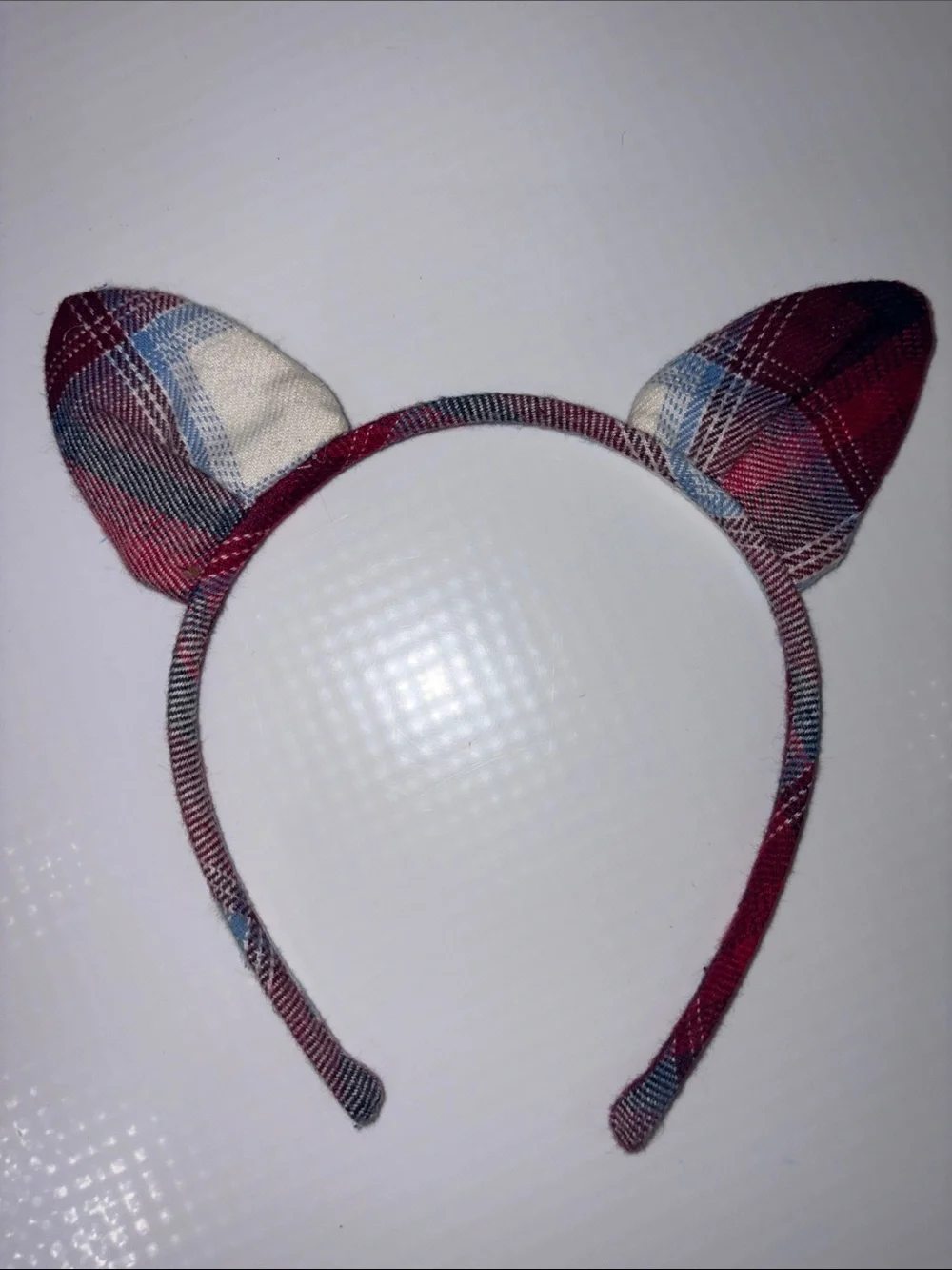 Plaid Cat Ear Headband - Red Blue White